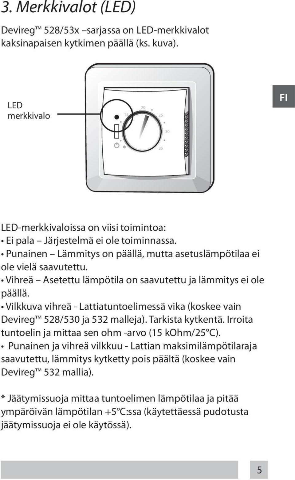Vihreä Asetettu lämpötila on saavutettu ja lämmitys ei ole päällä. Vilkkuva vihreä - attiatuntoelimessä vika (koskee vain Devireg 528/530 ja 532 malleja). Tarkista kytkentä.