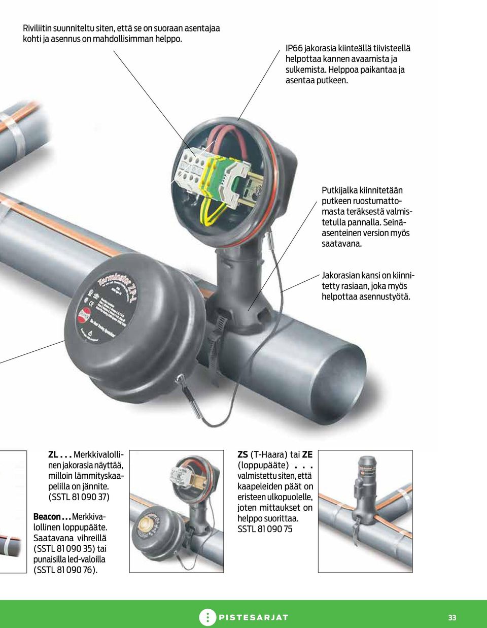 Jakorasian kansi on kiinnitetty rasiaan, joka myös helpottaa asennustyötä. ZL... Merkkivalollinen jakorasia näyttää, milloin lämmityskaapelilla on jännite. (SSTL 81 090 37) Beacon.