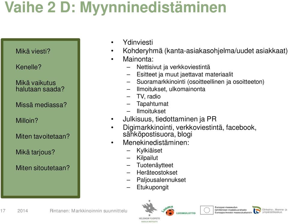 Ydinviesti Kohderyhmä (kanta-asiakasohjelma/uudet asiakkaat) Mainonta: Nettisivut ja verkkoviestintä Esitteet ja muut jaettavat materiaalit