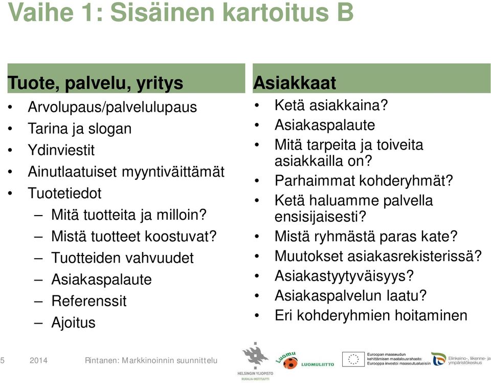 Tuotteiden vahvuudet Asiakaspalaute Referenssit Ajoitus Asiakkaat Ketä asiakkaina?