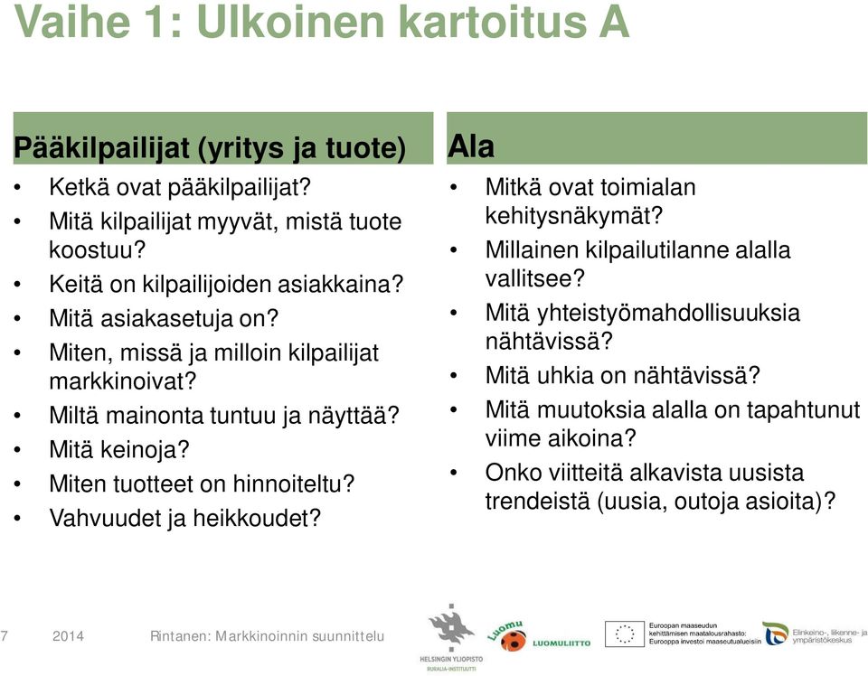 Miten tuotteet on hinnoiteltu? Vahvuudet ja heikkoudet? Ala Mitkä ovat toimialan kehitysnäkymät? Millainen kilpailutilanne alalla vallitsee?