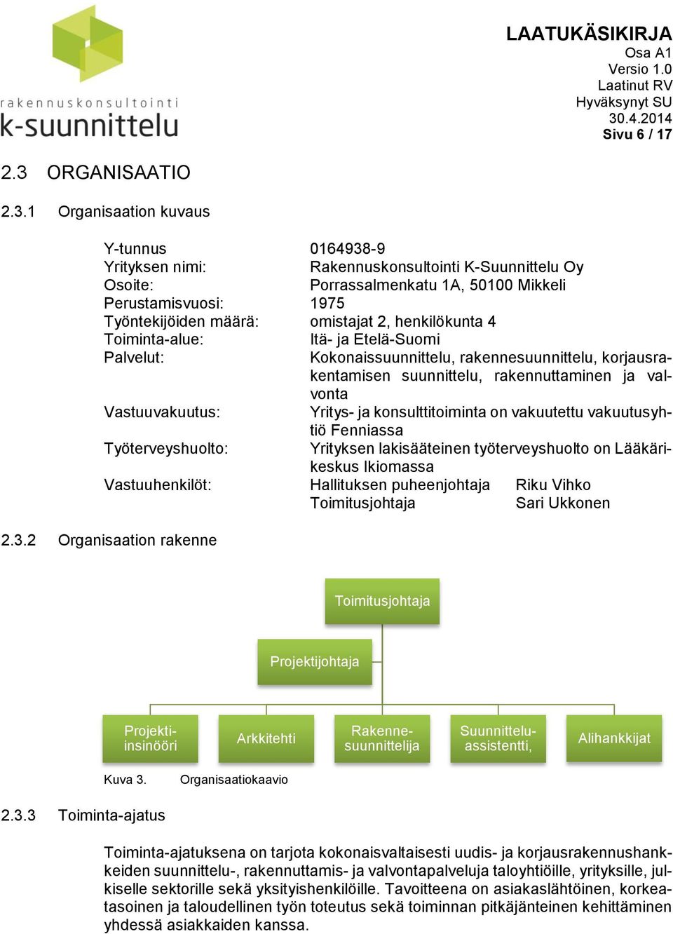 1 Organisaation kuvaus Y-tunnus 0164938-9 Yrityksen nimi: Rakennuskonsultointi K-Suunnittelu Oy Osoite: Porrassalmenkatu 1A, 50100 Mikkeli Perustamisvuosi: 1975 Työntekijöiden määrä: omistajat 2,