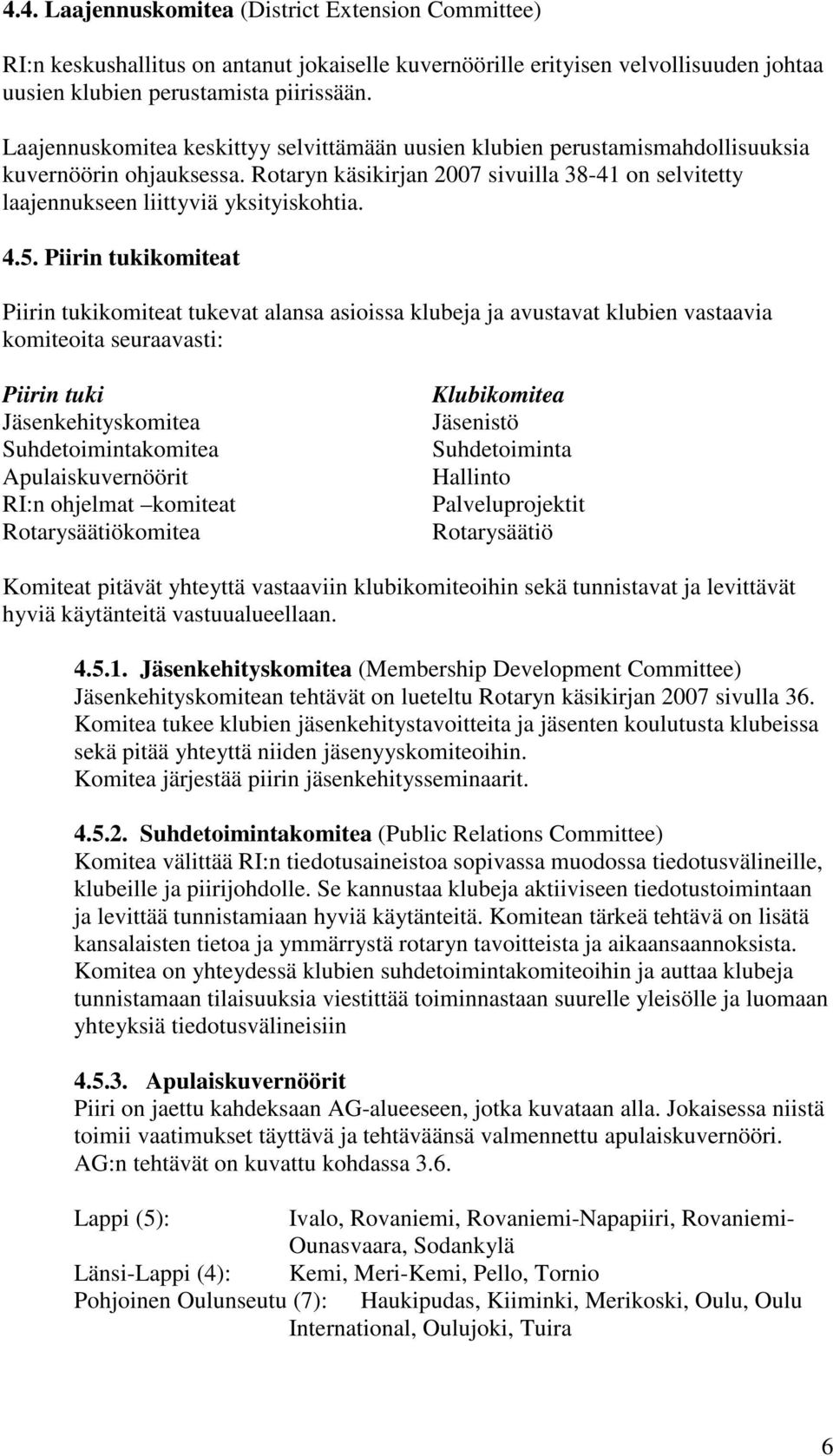 4.5. Piirin tukikomiteat Piirin tukikomiteat tukevat alansa asioissa klubeja ja avustavat klubien vastaavia komiteoita seuraavasti: Piirin tuki Jäsenkehityskomitea Suhdetoimintakomitea