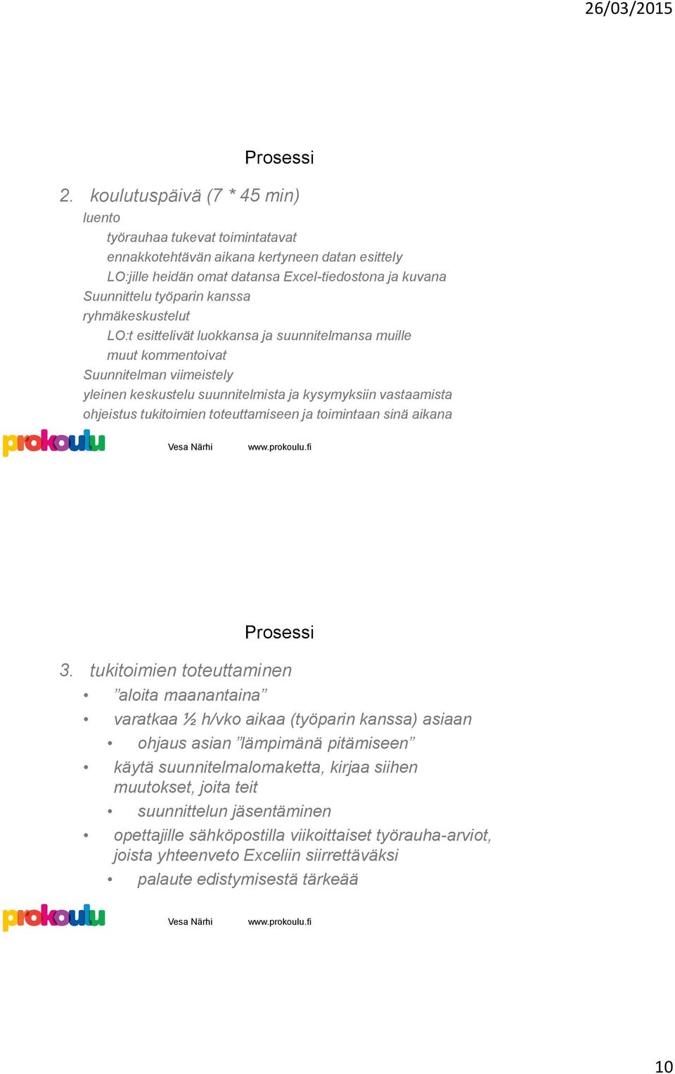 ryhmäkeskustelut LO:t esittelivät luokkansa ja suunnitelmansa muille muut kommentoivat Suunnitelman viimeistely yleinen keskustelu suunnitelmista ja kysymyksiin vastaamista ohjeistus tukitoimien