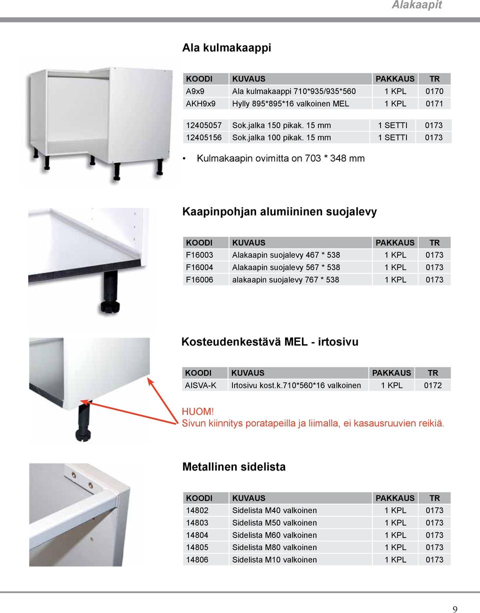 15 mm 1 SETTI 0173 Kulmakaapin ovimitta on 703 * 348 mm Kaapinpohjan alumiininen suojalevy F16003 Alakaapin suojalevy 467 * 538 1 KPL 0173 F16004 Alakaapin suojalevy 567 * 538 1 KPL 0173 F16006