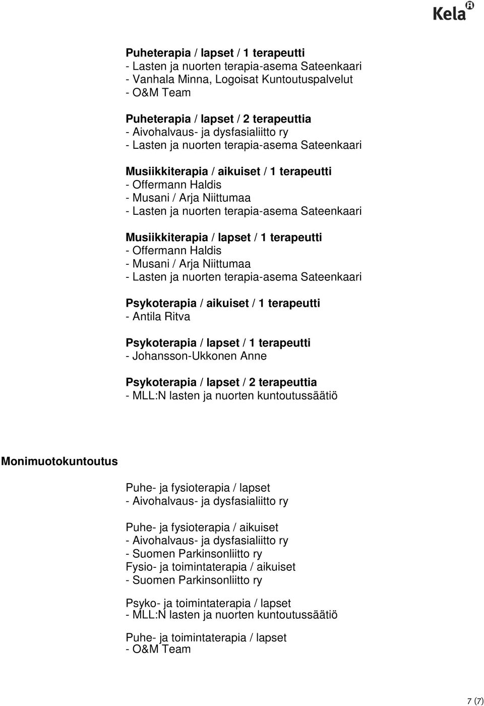 lapset / 1 terapeutti - Johansson-Ukkonen Anne Psykoterapia / lapset / 2 terapeuttia - MLL:N lasten ja nuorten kuntoutussäätiö Monimuotokuntoutus Puhe- ja fysioterapia / lapset