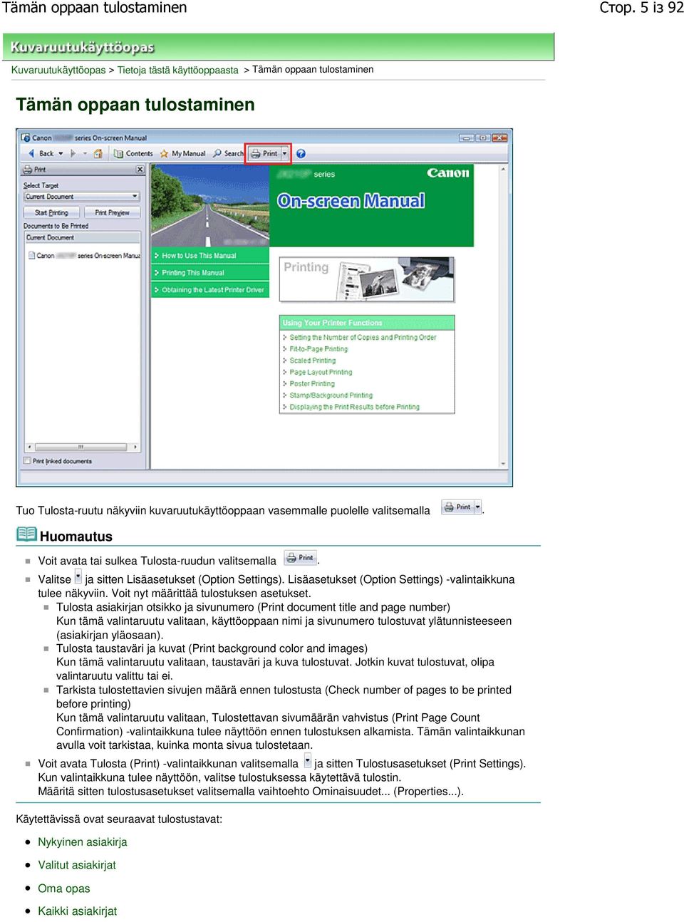 Huomautus Voit avata tai sulkea Tulosta-ruudun valitsemalla. Valitse ja sitten Lisäasetukset (Option Settings). Lisäasetukset (Option Settings) -valintaikkuna tulee näkyviin.