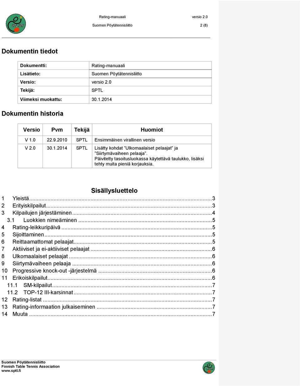 Päivitetty tasoitusluokassa käytettävä taulukko, lisäksi tehty muita pieniä korjauksia. Sisällysluettelo 1 Yleistä... 3 2 Erityiskilpailut... 3 3 Kilpailujen järjestäminen... 4 3.