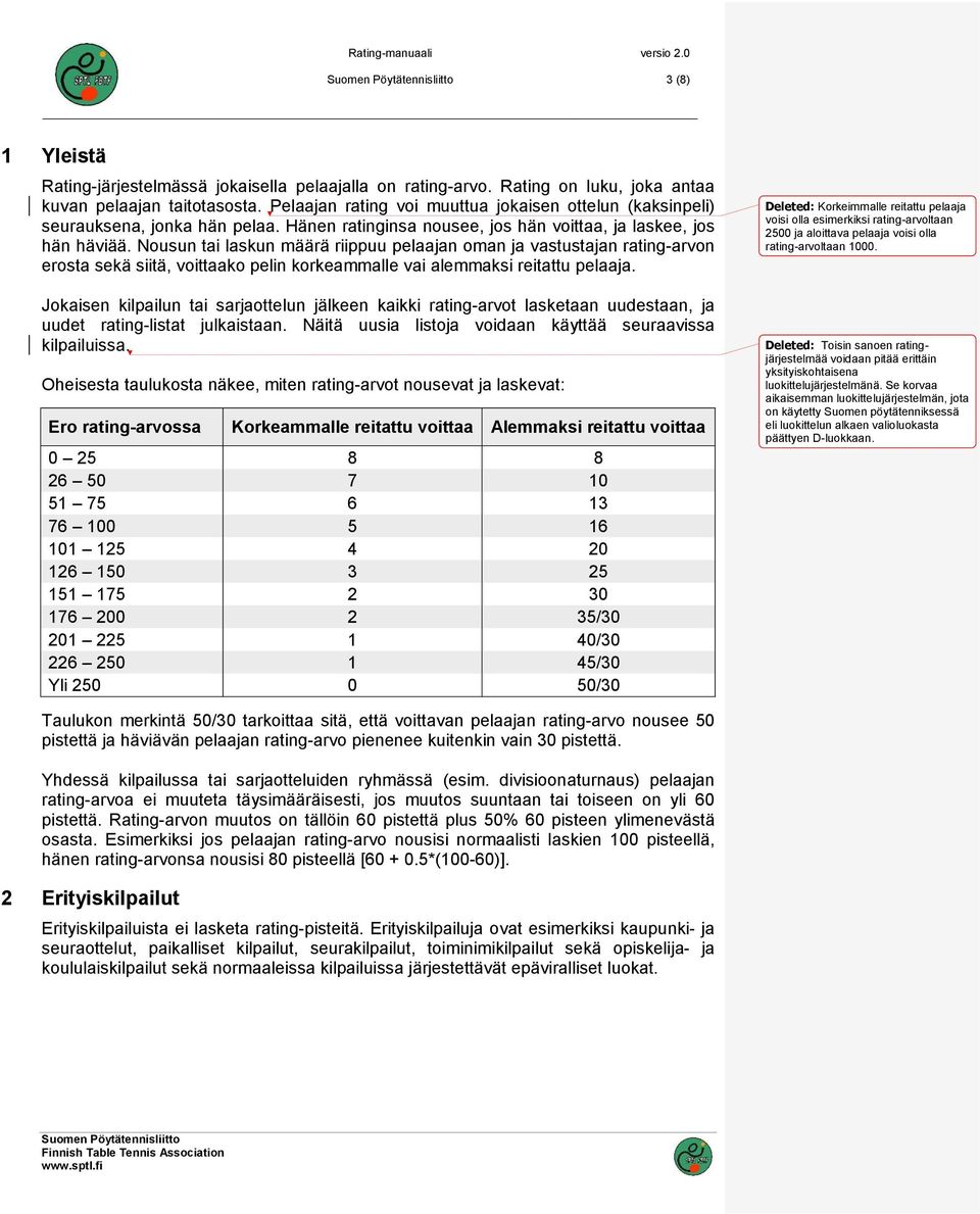 Nousun tai laskun määrä riippuu pelaajan oman ja vastustajan rating-arvon erosta sekä siitä, voittaako pelin korkeammalle vai alemmaksi reitattu pelaaja.