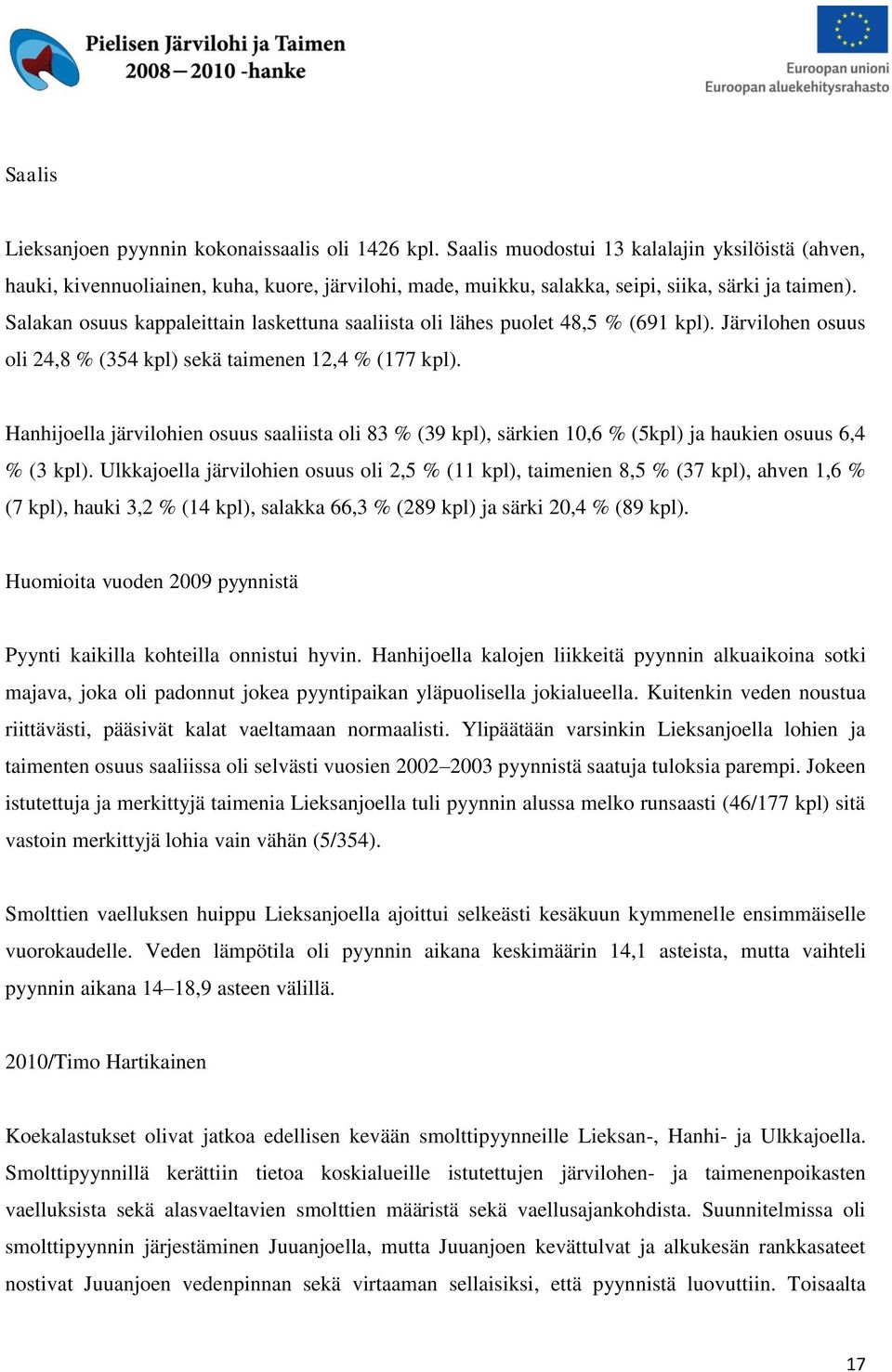 Salakan osuus kappaleittain laskettuna saaliista oli lähes puolet 48,5 % (691 kpl). Järvilohen osuus oli 24,8 % (354 kpl) sekä taimenen 12,4 % (177 kpl).