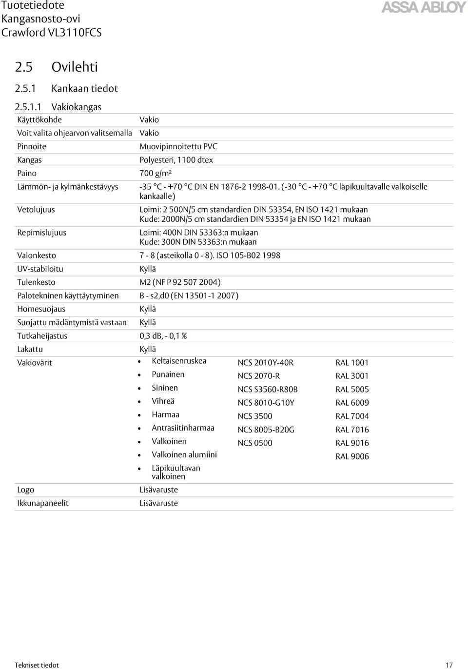 1 Vakiokangas Käyttökohde Vakio Voit valita ohjearvon valitsemalla Vakio Pinnoite Muovipinnoitettu PVC Kangas Polyesteri, 1100 dtex Paino 700 g/m² Lämmön- ja kylmänkestävyys -35 C - +70 C DIN EN