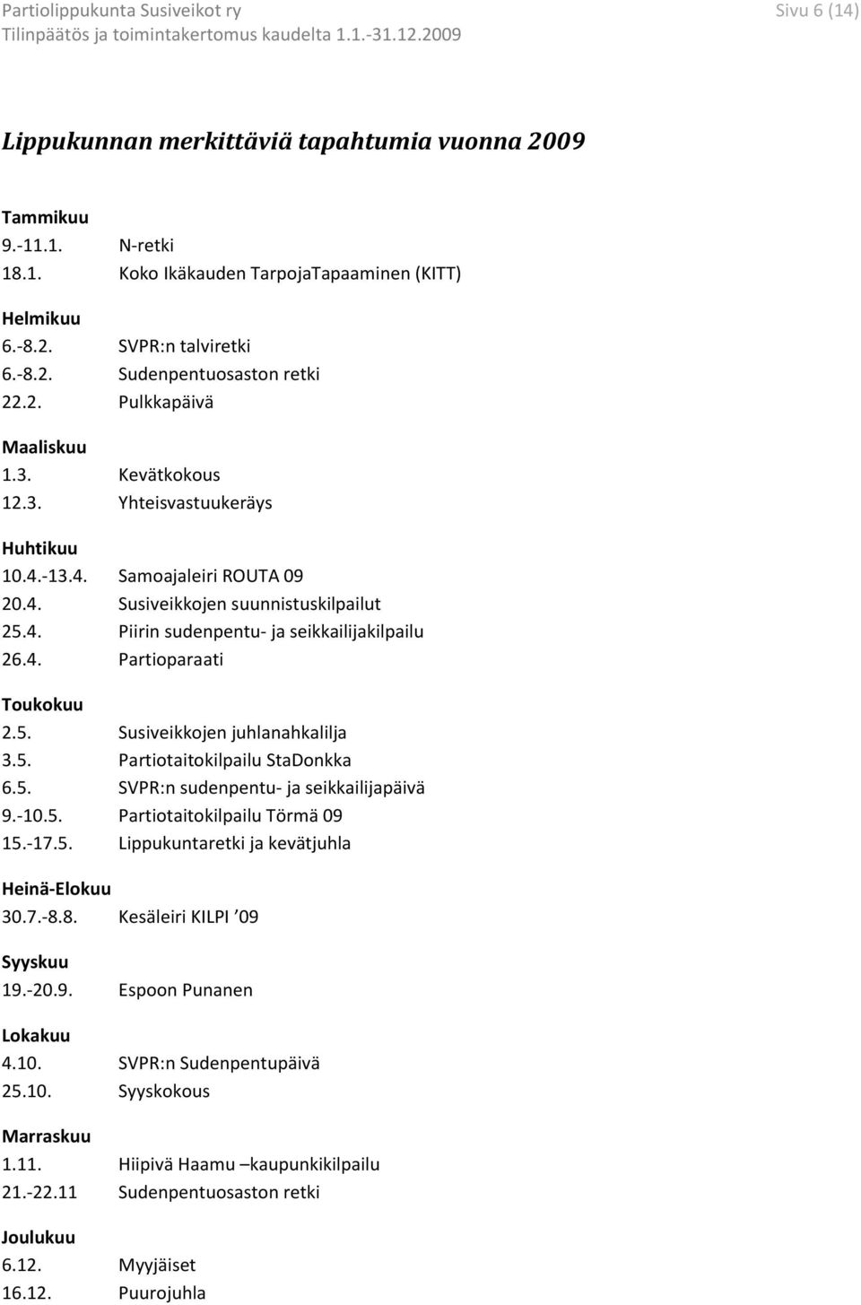 4. Partioparaati Toukokuu 2.5. Susiveikkojen juhlanahkalilja 3.5. Partiotaitokilpailu StaDonkka 6.5. SVPR:n sudenpentu- ja seikkailijapäivä 9.-10.5. Partiotaitokilpailu Törmä 09 15.-17.5. Lippukuntaretki ja kevätjuhla Heinä-Elokuu 30.