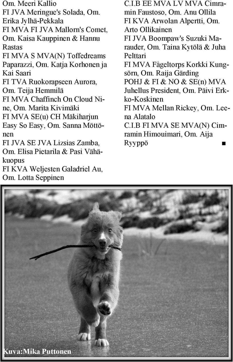 Sanna Möttönen FI JVA SE JVA Lizsias Zamba, Om. Elisa Pietarila & Pasi Vähäkuopus FI KVA Weljesten Galadriel Au, Om. Lotta Seppinen C.I.B EE MVA LV MVA Cimramin Faustoso, Om.