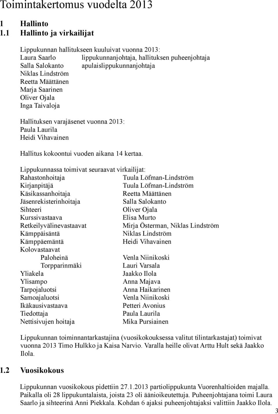 Lindström Reetta Määttänen Marja Saarinen Oliver Ojala Inga Taivaloja Hallituksen varajäsenet vuonna 2013: Paula Laurila Heidi Vihavainen Hallitus kokoontui vuoden aikana 14 kertaa.