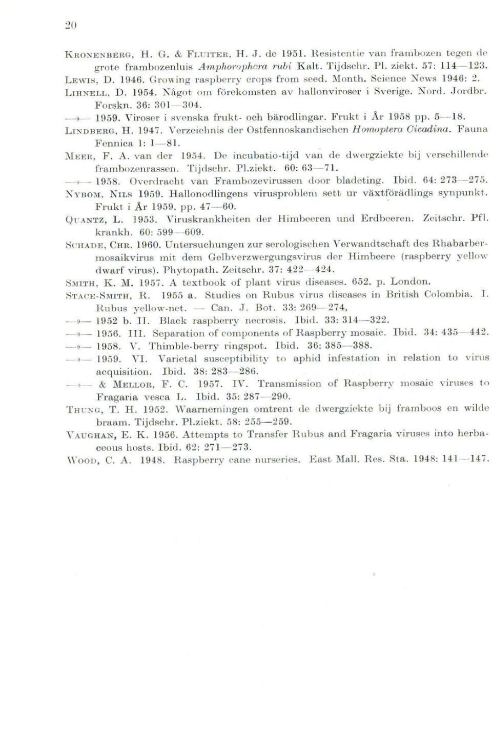 Viroser i svenska frukt- och bärodlingar. Frukt i Är 1958 pp. 5-18. LINDBERG, H. 1947. Verzeichnis der Ostfennoskandisehen Homoptera Cicadina. Fauna Fennica 1: 1-81. MsEa, F. A. van der 1954.