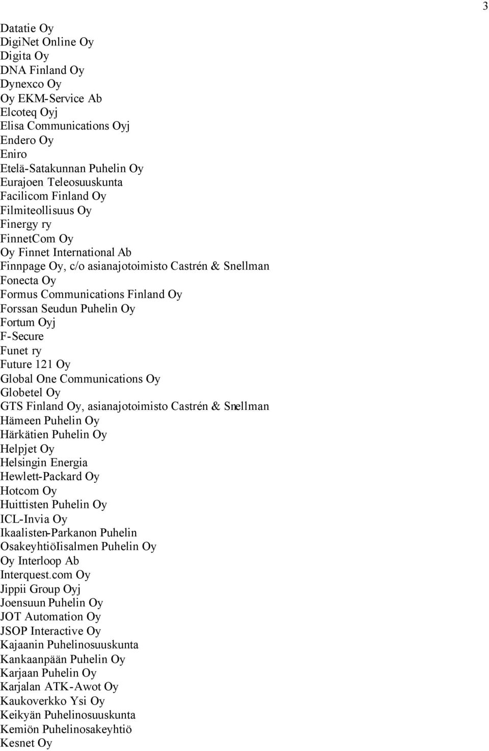 Puhelin Oy Fortum Oyj F-Secure Funet ry Future 121 Oy Global One Communications Oy Globetel Oy GTS Finland Oy, asianajotoimisto Castrén & Snellman Hämeen Puhelin Oy Härkätien Puhelin Oy Helpjet Oy