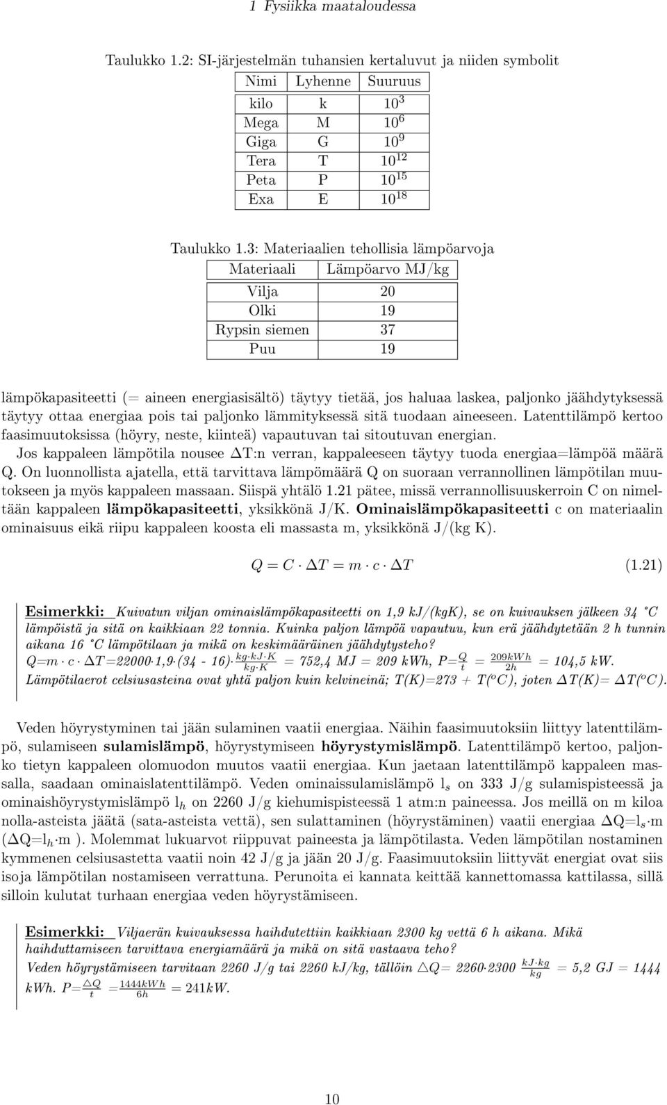 3: Materiaalien tehollisia lämpöarvoja Materiaali Lämpöarvo MJ/kg Vilja 20 Olki 19 Rypsin siemen 37 Puu 19 lämpökapasiteetti (= aineen energiasisältö) täytyy tietää, jos haluaa laskea, paljonko