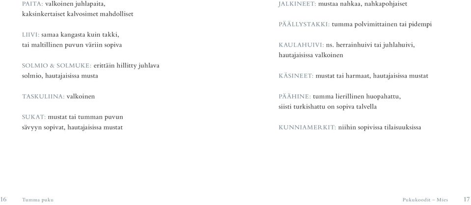 herrainhuivi tai juhlahuivi, hautajaisissa valkoinen KÄSINEET: mustat tai harmaat, hautajaisissa mustat TASKULIINA: valkoinen SUKAT: mustat tai tumman puvun sävyyn