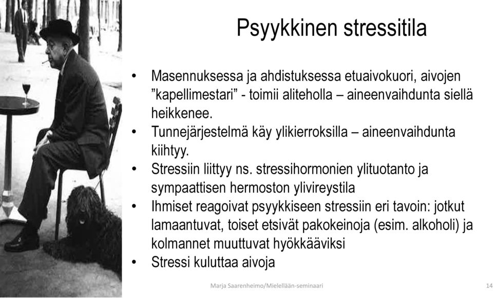 stressihormonien ylituotanto ja sympaattisen hermoston ylivireystila Ihmiset reagoivat psyykkiseen stressiin eri tavoin: jotkut