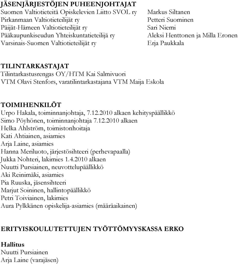 Stenfors, varatilintarkastajana VTM Maija Eskola TOIMIHENKILÖT Urpo Hakala, toiminnanjohtaja, 7.12.