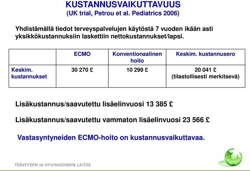 nettokustannukset/lapsi. Keskim. kustannukset ECMO Konventionaalinen hoito Keskim.