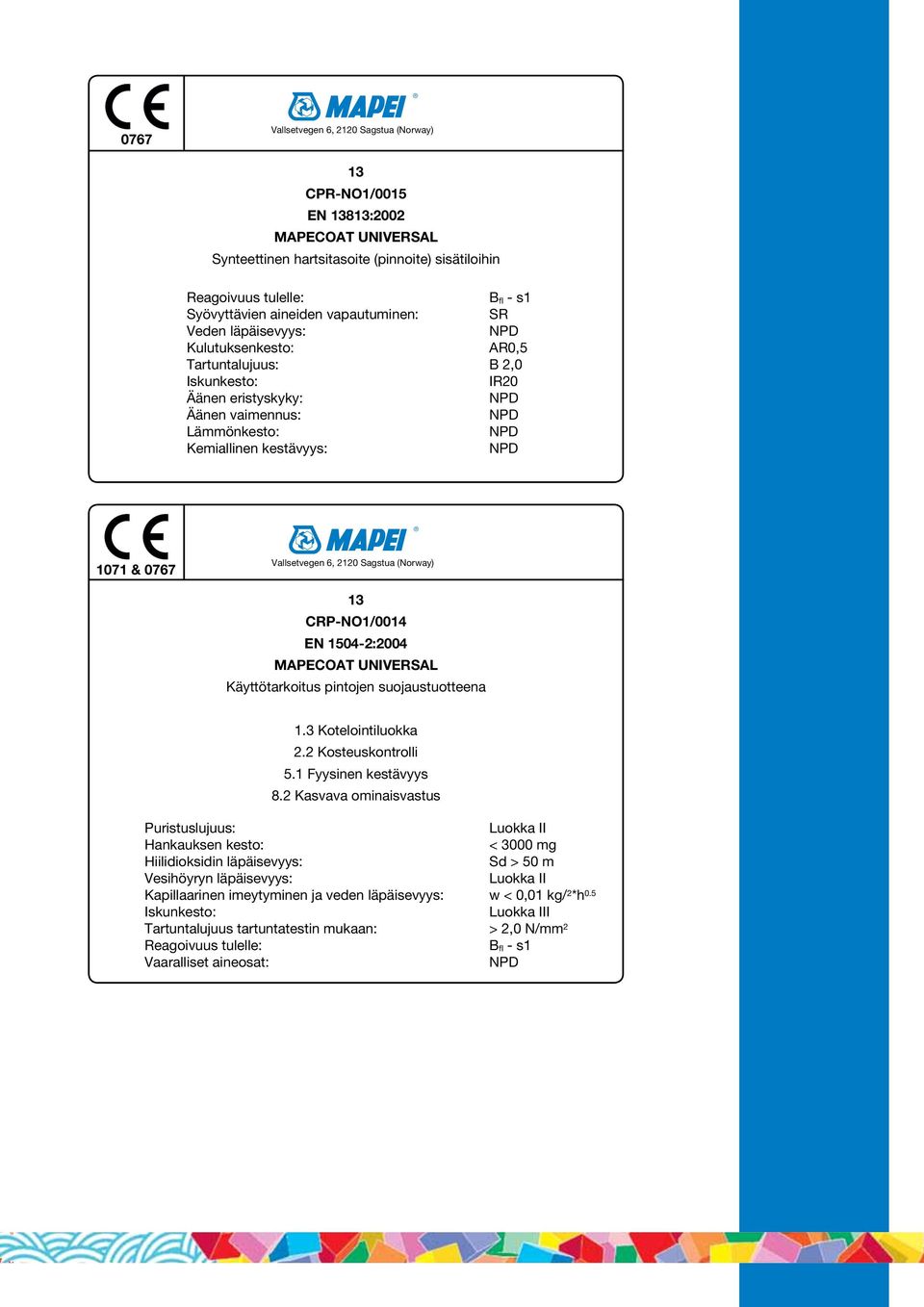 2120 Sagstua (Norway) 13 CRP-NO1/0014 EN 1504-2:2004 MAPECOAT UNIVERSAL Käyttötarkoitus pintojen suojaustuotteena 1.3 Kotelointiluokka 2.2 Kosteuskontrolli 5.1 Fyysinen kestävyys 8.