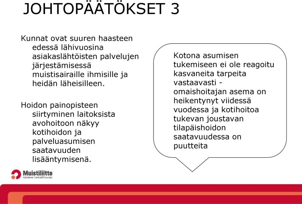 Hoidon painopisteen siirtyminen laitoksista avohoitoon näkyy kotihoidon ja palveluasumisen saatavuuden lisääntymisenä.