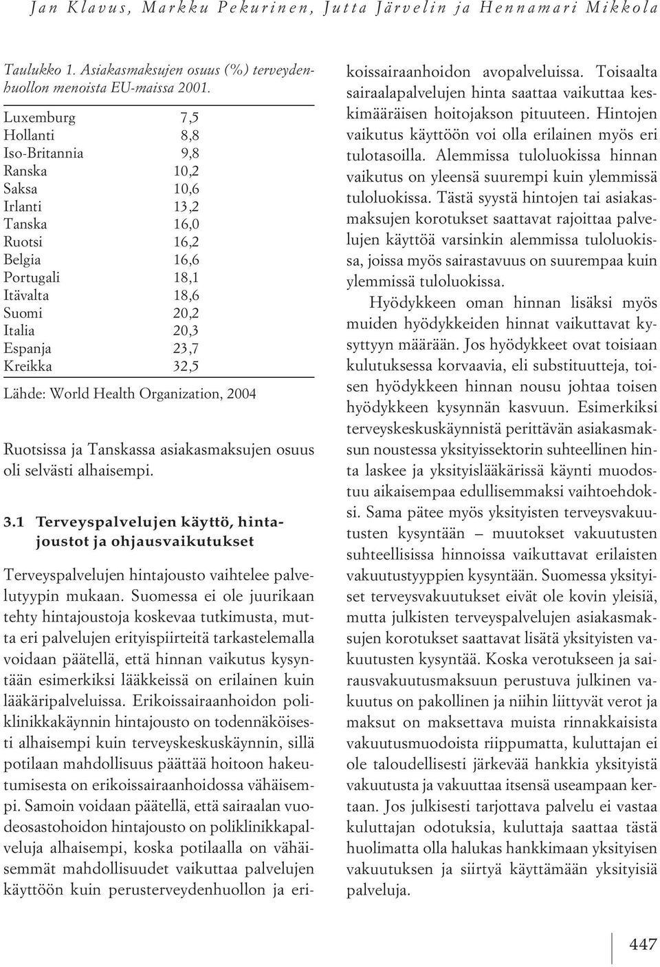 Lähde: World Health Organization, 2004 Ruotsissa ja Tanskassa asiakasmaksujen osuus oli selvästi alhaisempi. 3.