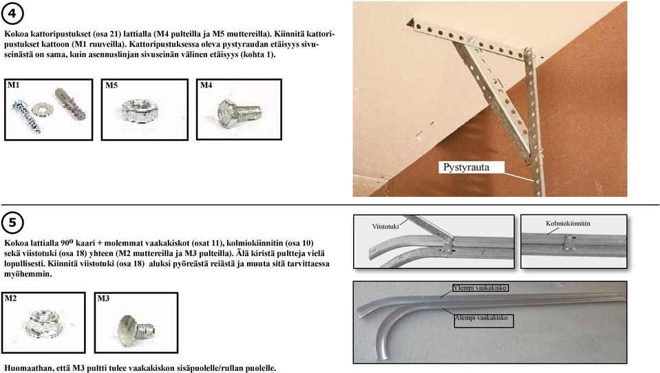 M1 M5 M4 Pystyrauta 5 Viistotuki Kolmiokiinnitin Kokoa lattialla 90 o kaari + molemmat vaakakiskot (osat 11), kolmiokiinnitin (osa 10) sekä viistotuki (osa 18) yhteen (M2