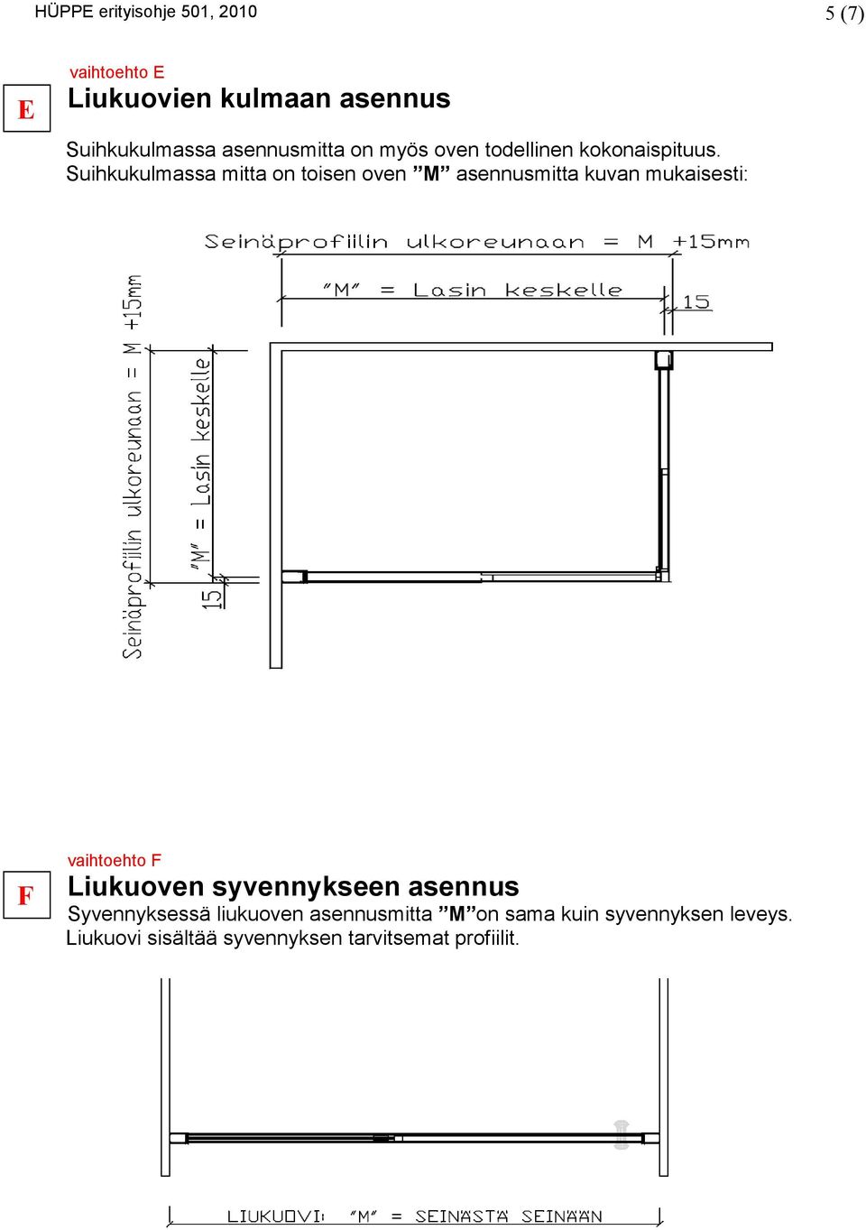 Suihkukulmassa mitta on toisen oven M asennusmitta kuvan mukaisesti: F vaihtoehto F Liukuoven