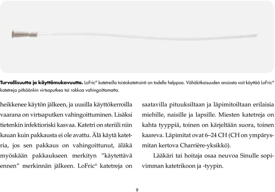 heikkenee käytön jälkeen, ja uusilla käyttökerroilla vaarana on virtsaputken vahingoittuminen. Lisäksi tietenkin infektioriski kasvaa. Katetri on steriili niin kauan kuin pakkausta ei ole avattu.