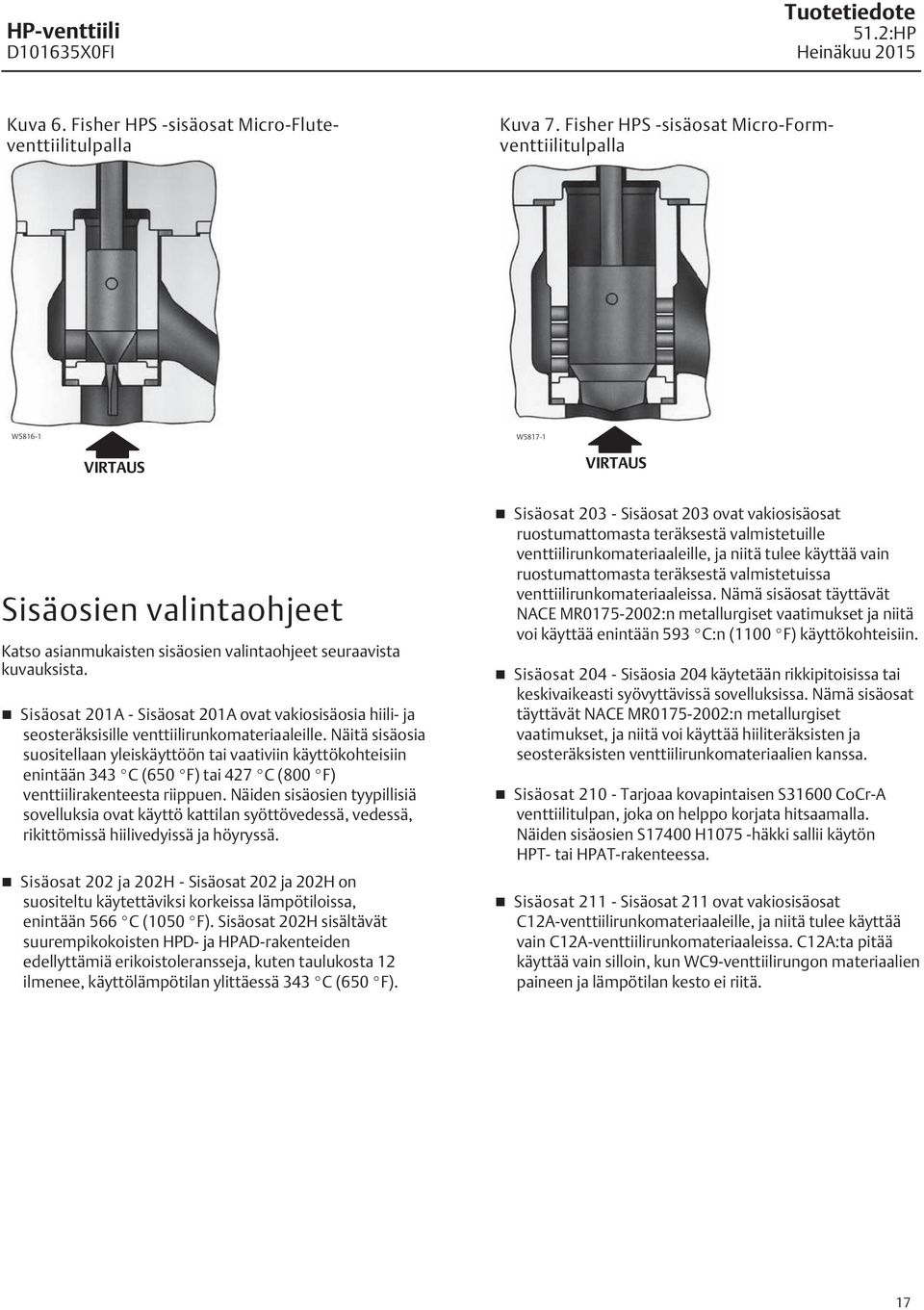Sisäosat 20A - Sisäosat 20A ovat vakiosisäosia hiili- ja seosteräksisille venttiilirunkomateriaaleille.