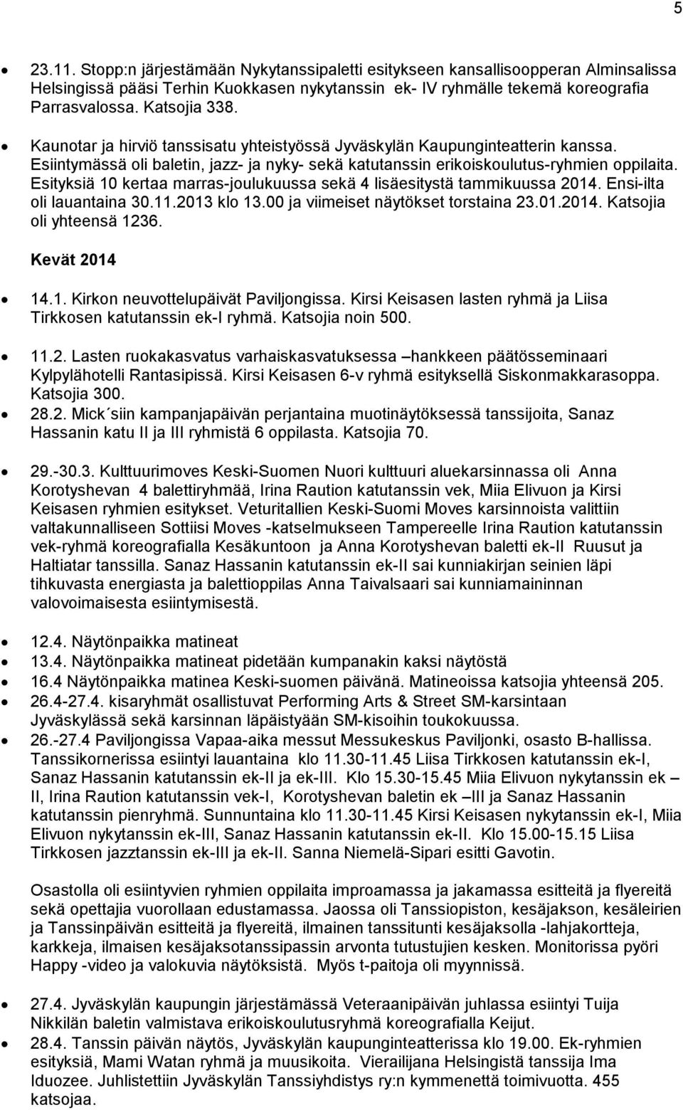 Esityksiä 10 kertaa marras-joulukuussa sekä 4 lisäesitystä tammikuussa 2014. Ensi-ilta oli lauantaina 30.11.2013 klo 13.00 ja viimeiset näytökset torstaina 23.01.2014. Katsojia oli yhteensä 1236.