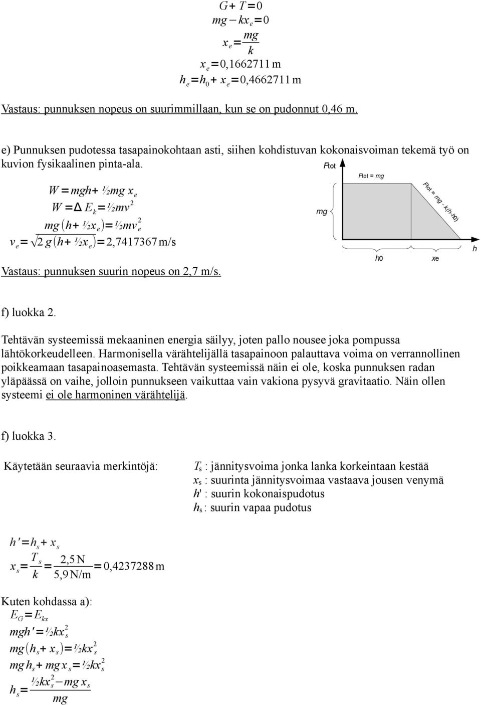 Ftot Ftot = mg W =mgh+ ½mg x e W =Δ E k =½mv mg (h+ ½x e )=½mv e v e = g(h+ ½x e )=,7417367 m/s Vastaus: punnuksen suurin nopeus on,7 m/s. mg h0 Ftot = mg - k(h-h0) xe h f) luokka.