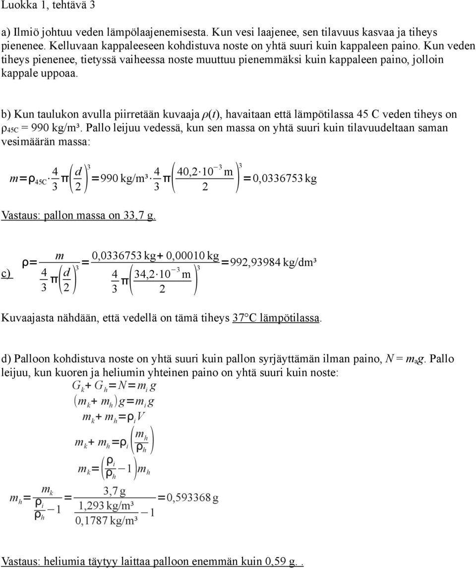 b) Kun taulukon avulla piirretään kuvaaja ρ(t), havaitaan että lämpötilassa 45 C veden tiheys on ρ 45C = 990 kg/m³.