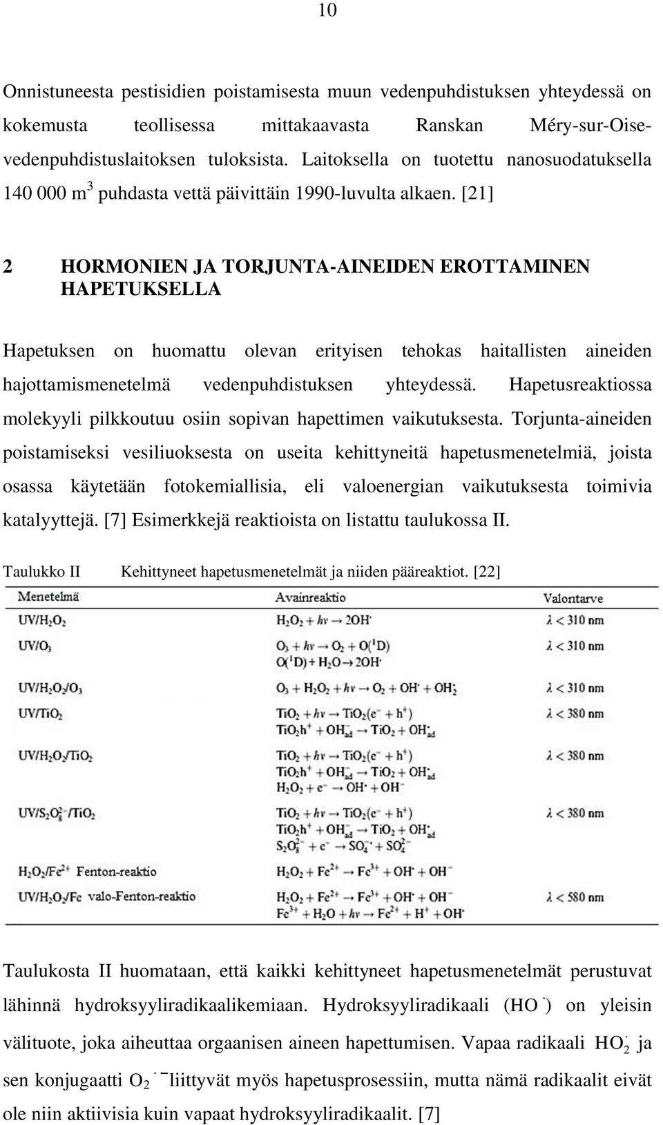 [21] 2 HORMONIEN JA TORJUNTA-AINEIDEN EROTTAMINEN HAPETUKSELLA Hapetuksen on huomattu olevan erityisen tehokas haitallisten aineiden hajottamismenetelmä vedenpuhdistuksen yhteydessä.