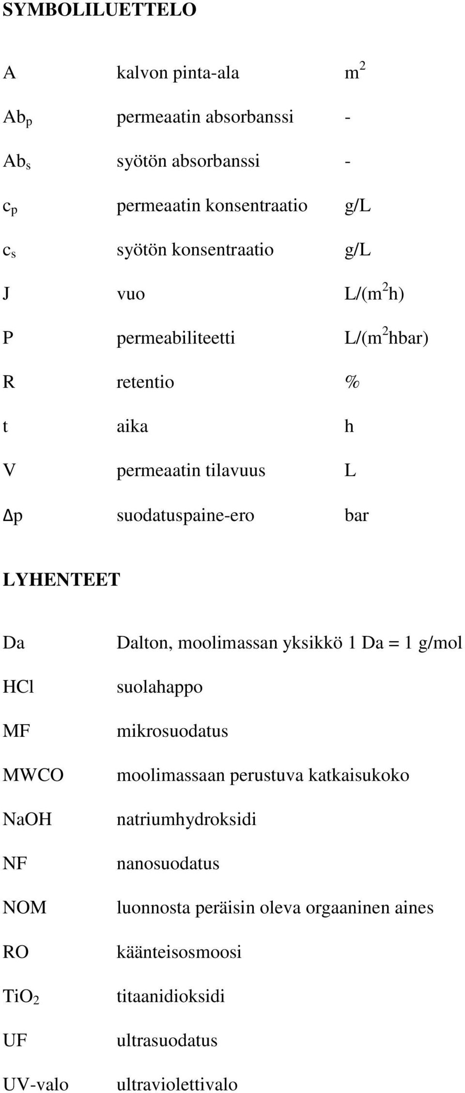 LYHENTEET Da HCl MF MWCO NaOH NF NOM RO TiO 2 UF UV-valo Dalton, moolimassan yksikkö 1 Da = 1 g/mol suolahappo mikrosuodatus moolimassaan