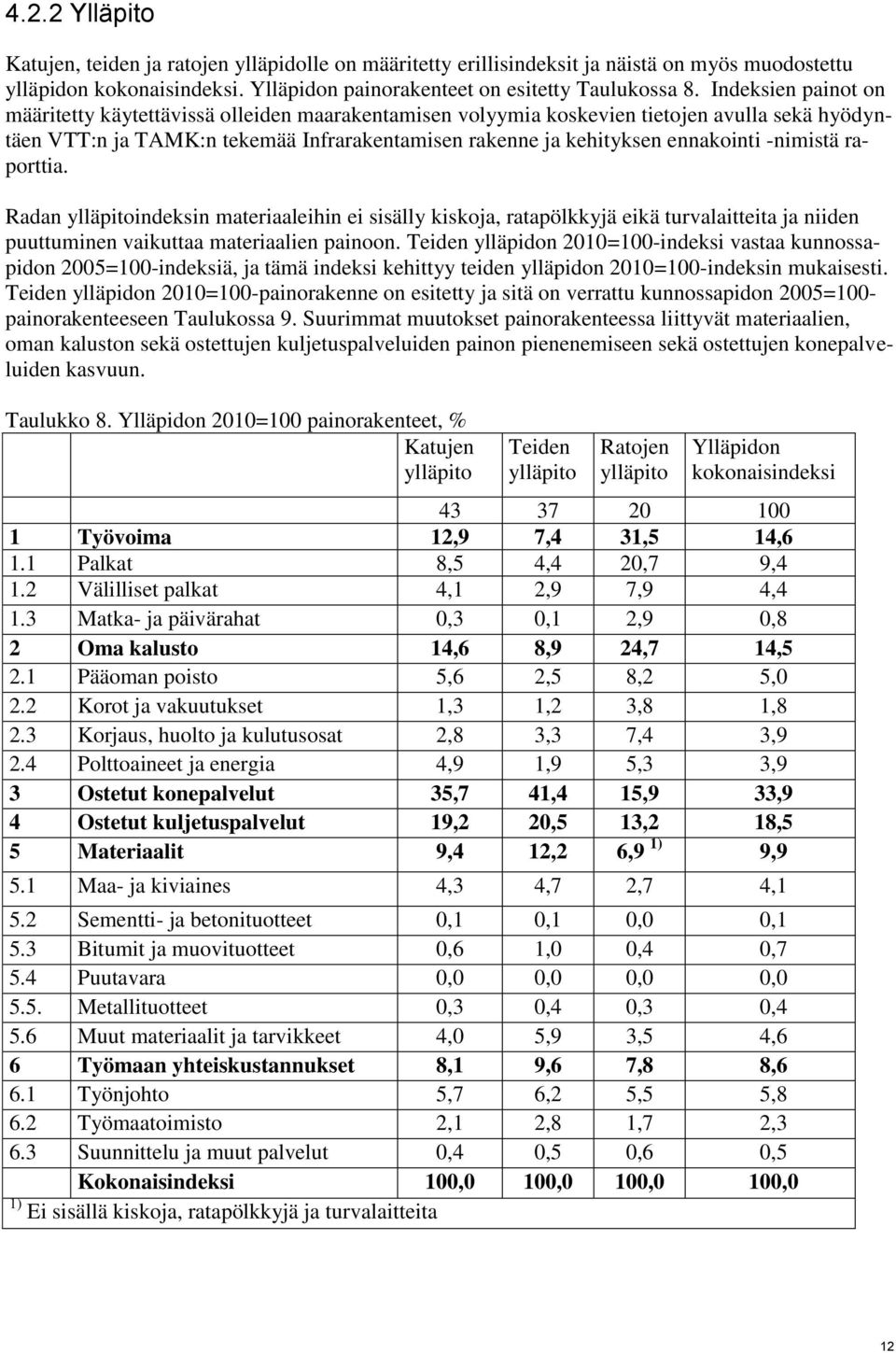 -nimistä raporttia. Radan ylläpitoindeksin materiaaleihin ei sisälly kiskoja, ratapölkkyjä eikä turvalaitteita ja niiden puuttuminen vaikuttaa materiaalien painoon.