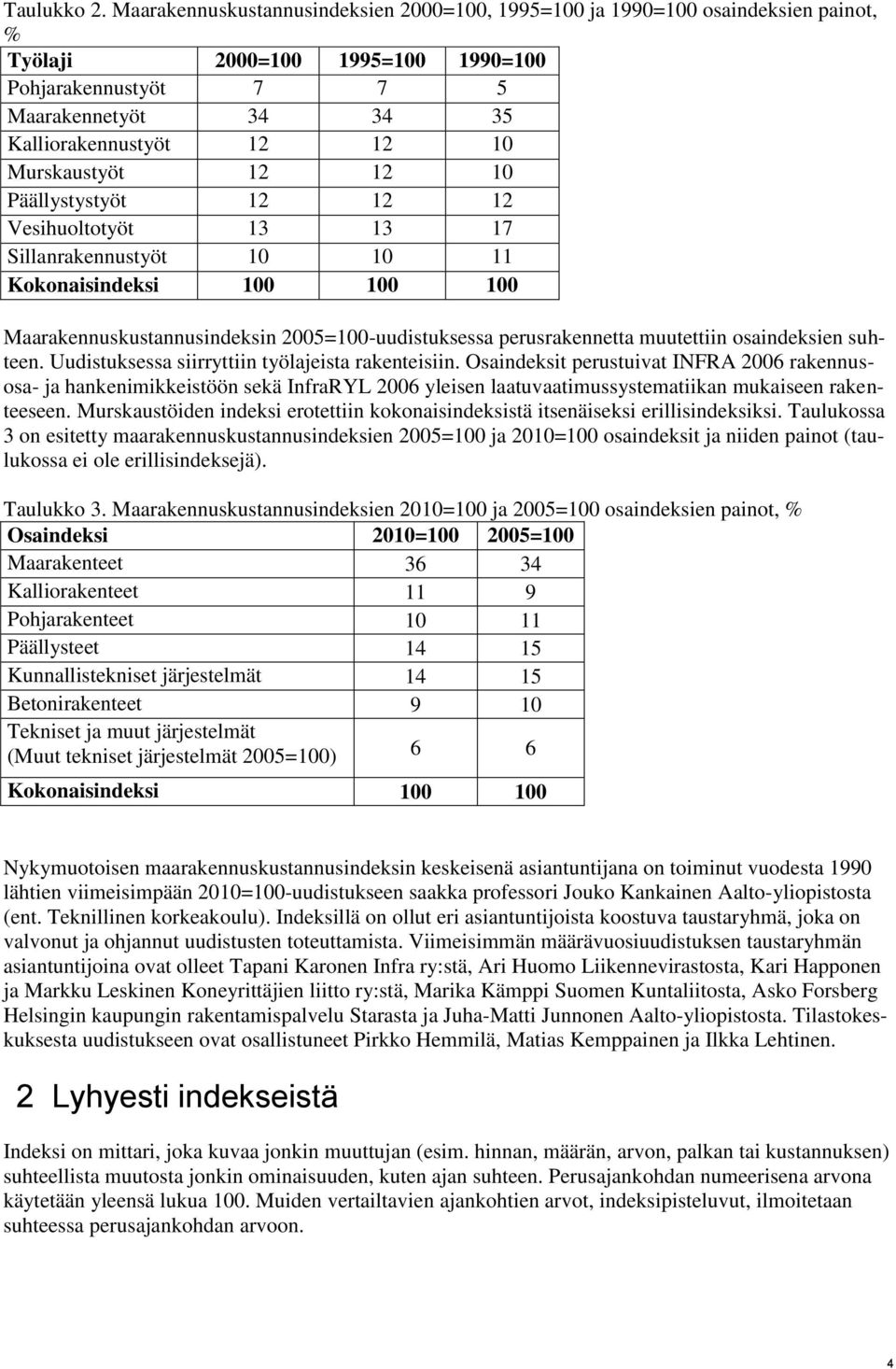 Murskaustyöt 12 12 10 Päällystystyöt 12 12 12 Vesihuoltotyöt 13 13 17 Sillanrakennustyöt 10 10 11 Kokonaisindeksi 100 100 100 Maarakennuskustannusindeksin 2005=100-uudistuksessa perusrakennetta