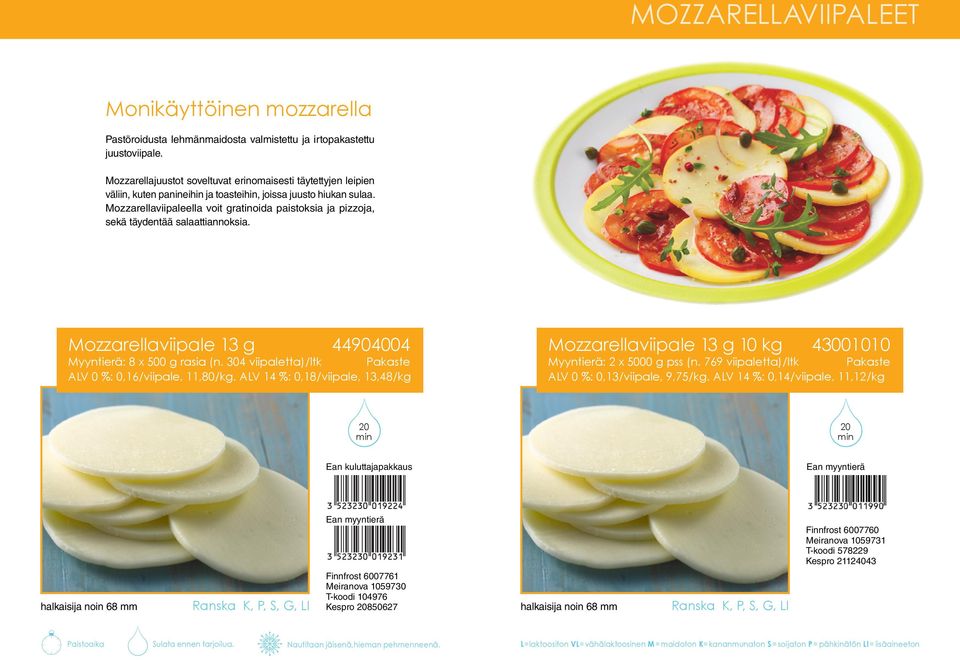 Mozzarellaviipaleella voit gratinoida paistoksia ja pizzoja, sekä täydentää salaattiannoksia. Mozzarellaviipale 13 g 44904004 Myyntierä: 8 x 500 g rasia (n.