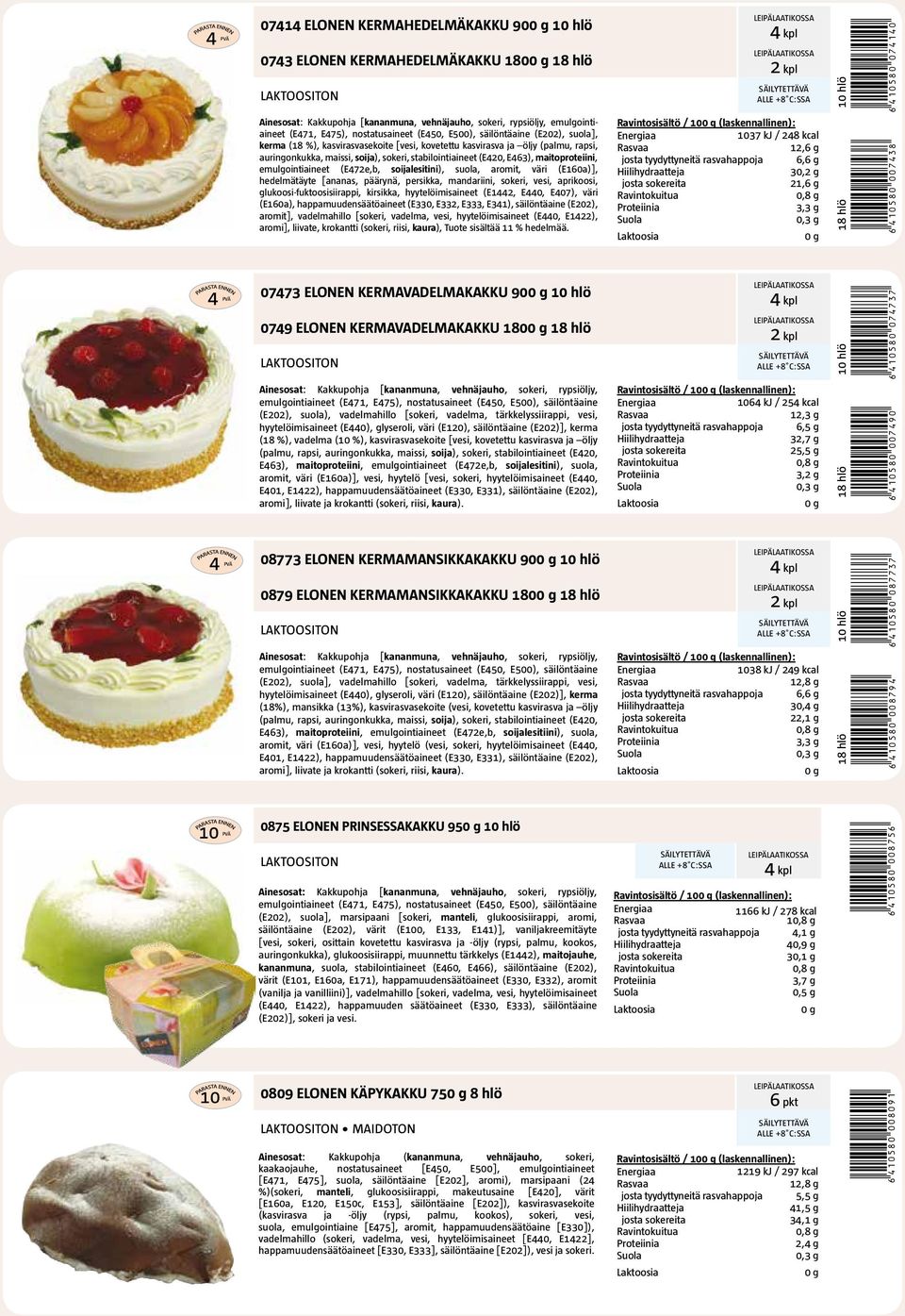 maitoproteiini, emulgointiaineet (E472e,b, soijalesitini), suola, aromit, väri (E160a)], hedelmätäyte [ananas, päärynä, persikka, mandariini, sokeri, vesi, aprikoosi, glukoosi-fuktoosisiirappi,