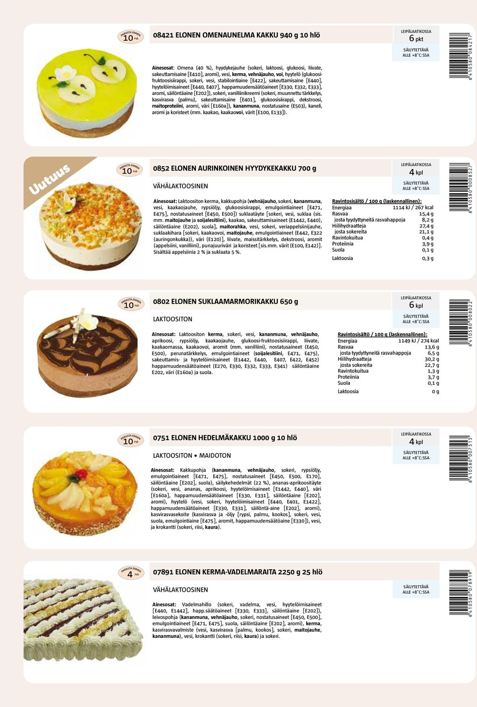 sokeri, vanilliinikreemi (sokeri, muunnettu tärkkelys, kasvirasva (palmu), sakeuttamisaine [E401], glukoosisiirappi, dekstroosi, maitoproteiini, aromi, väri [E160a]), kananmuna, nostatusaine (E503),