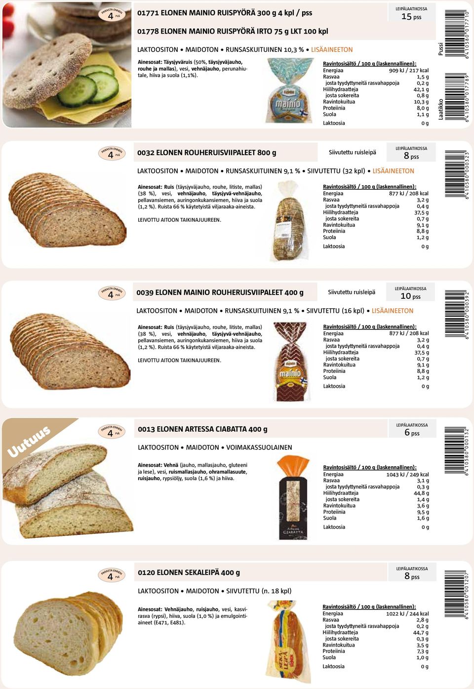 15 pss 909 kj / 217 kcal 1,5 g josta tyydyttyneitä rasvahappoja 0,2 g 42,1 g 1 8, 1,1 g *6410580017789* *6410580017710* 0032 ELONEN ROUHERUISVIIPALEET 80 Siivutettu ruisleipä 8 pss MAIDOTON