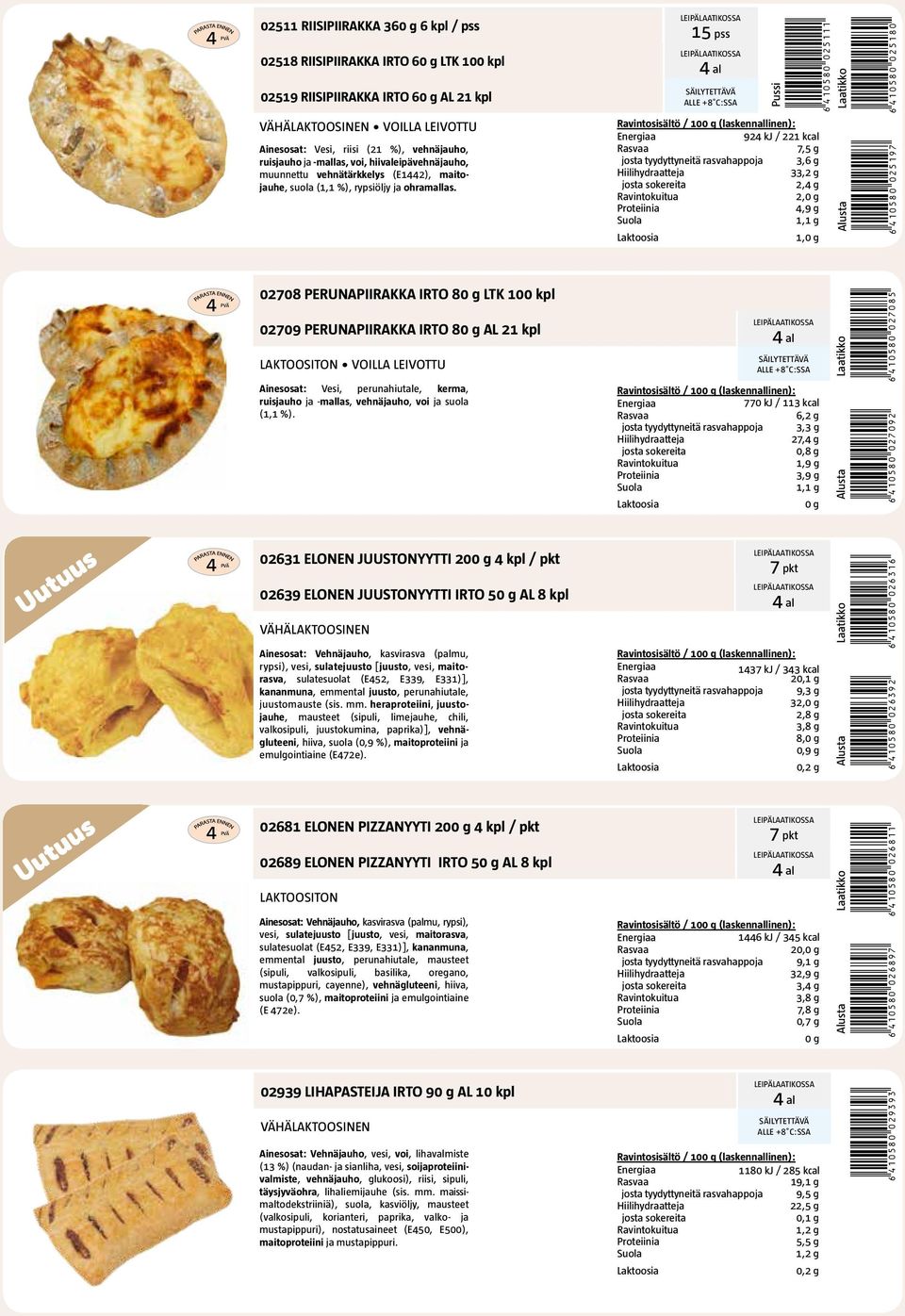 15 pss *6410580025111* 924 kj / 221 kcal 7,5 g josta tyydyttyneitä rasvahappoja 3,6 g 33,2 g 2,4 g 2, 4,9 g 1,1 g 1, *6410580025197* *6410580025180** 02708 PERUNAPIIRAKKA IRTO 8 LTK 100 kpl 02709