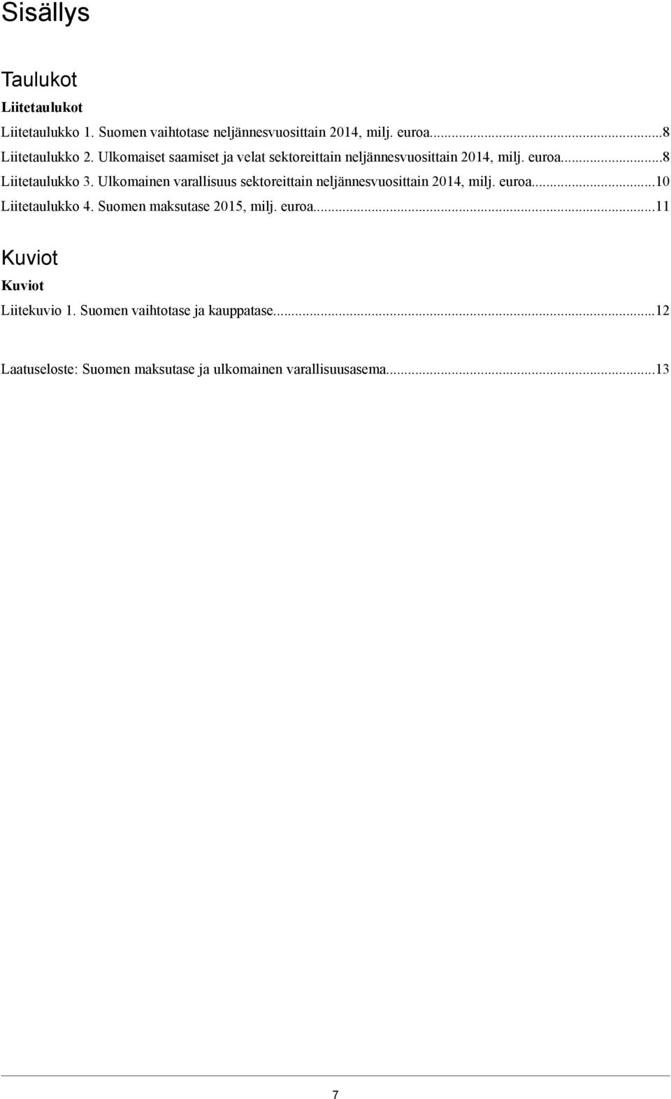 Ulkomainen varallisuus sektoreittain neljännesvuosittain 2014, milj. euroa...10 Liitetaulukko 4. Suomen maksutase 2015, milj.