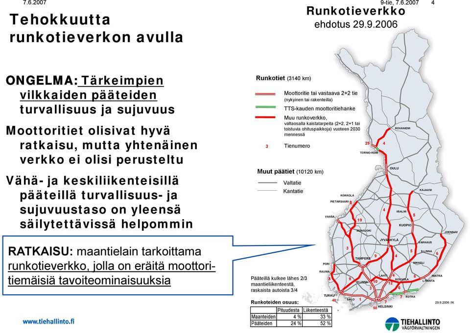 2+2 tie (nykyinen tai rakenteilla) TTS-kauden moottoritiehanke Muu runkoverkko, valtaosalla kaistatarpeita (2+2, 2+1 tai toistuvia ohituspaikkoja) vuoteen 2030 mennessä Tienumero Muut päätiet (10120