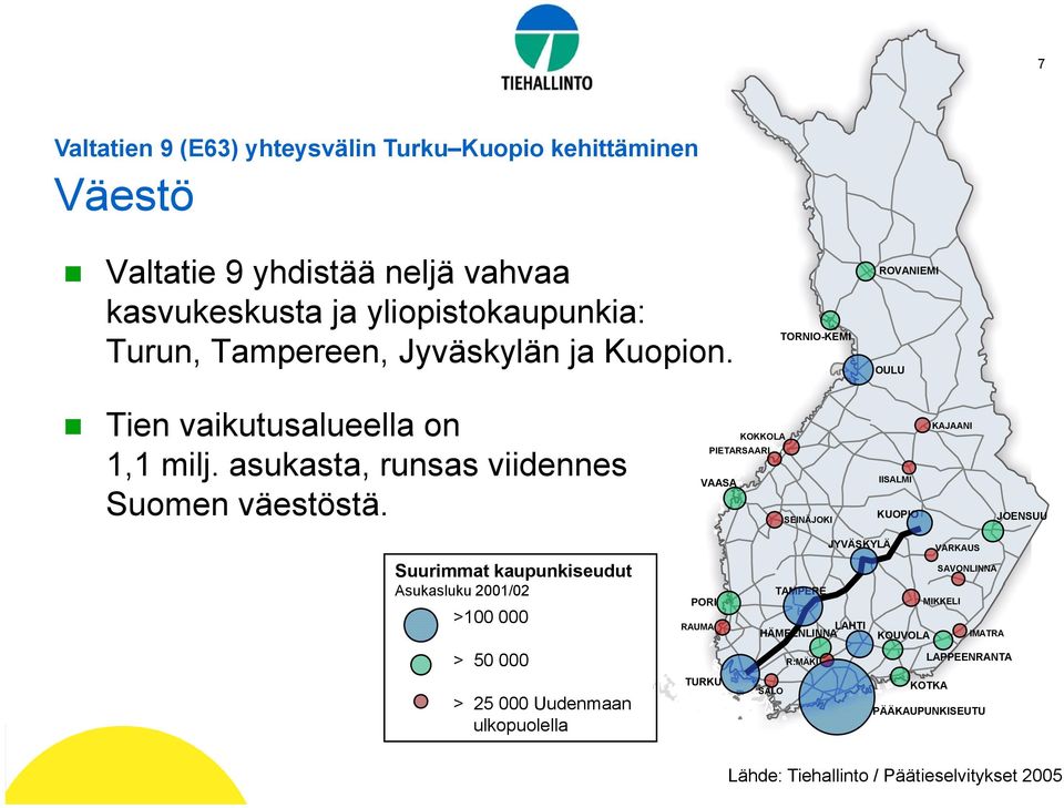 KOKKOLA PIETARSAARI VAASA SEINÄJOKI IISALMI KUOPIO KAJAANI JOENSUU Suurimmat kaupunkiseudut Asukasluku 2001/02 >100 000 > 50 000 PORI RAUMA TURKU TAMPERE