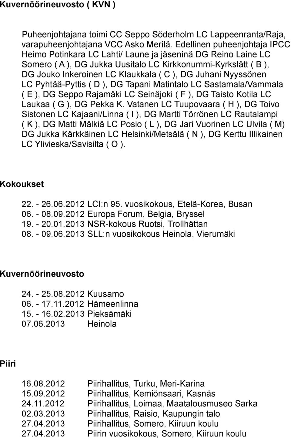 Juhani Nyyssönen LC Pyhtää-Pyttis ( D ), DG Tapani Matintalo LC Sastamala/Vammala ( E ), DG Seppo Rajamäki LC Seinäjoki ( F ), DG Taisto Kotila LC Laukaa ( G ), DG Pekka K.