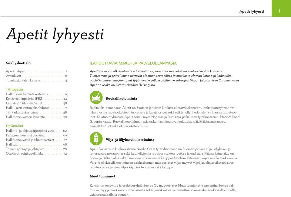 .. 60 Palkitseminen, sisäpiiriasiat... 66 Hallintoneuvosto ja tilintarkastajat... 67 Hallitus... 68 Toimitusjohtaja ja johtajisto... 70 Osakkeet, osinkopolitiikka.