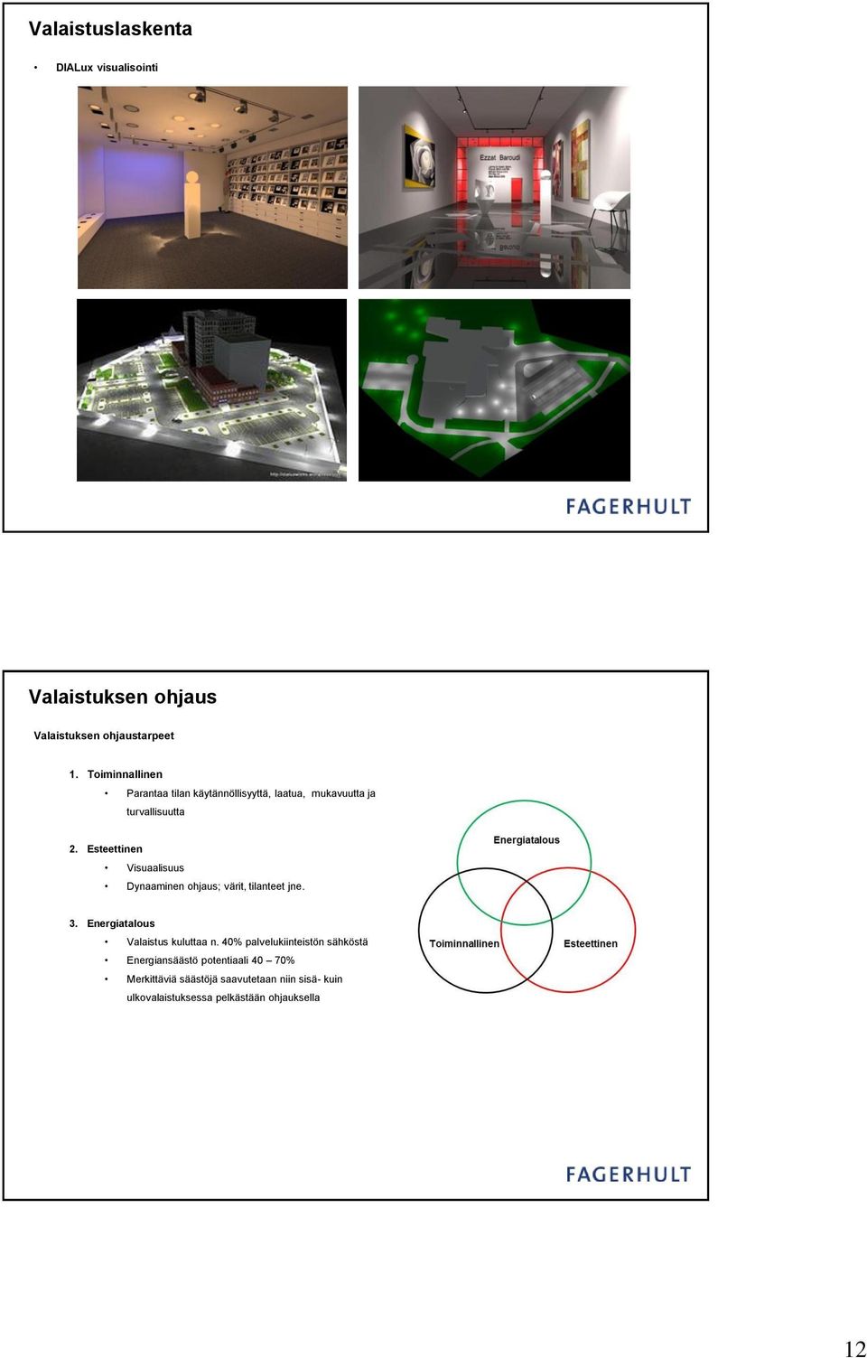 Esteettinen Visuaalisuus Dynaaminen ohjaus; värit, tilanteet jne. 3. Energiatalous Valaistus kuluttaa n.